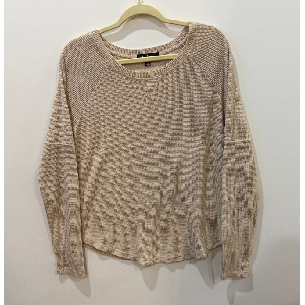 Lulus Waffle Knit Top Women XL Beige Good Thermal Long Sleeve Thumbhole Raglan